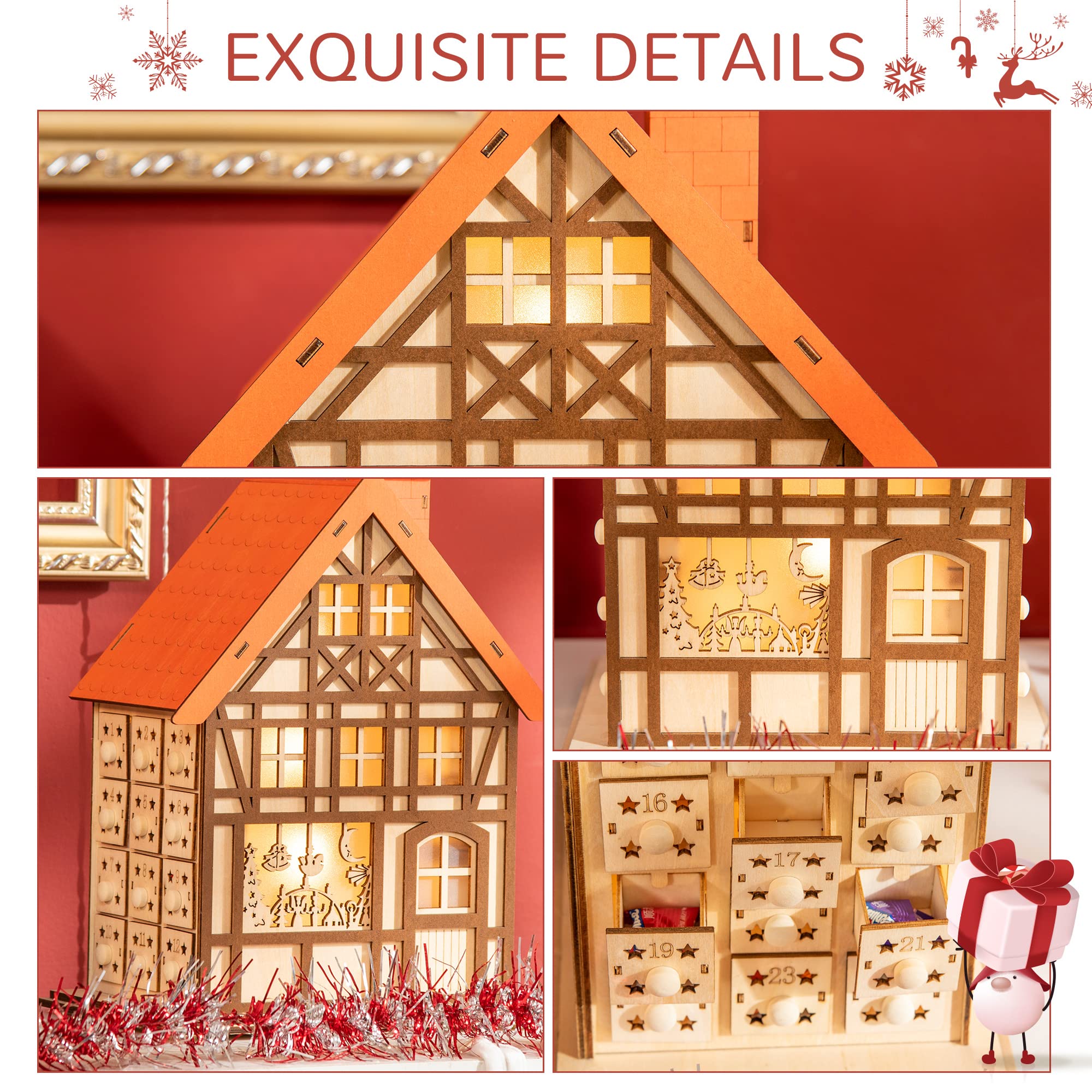 HOMCOM Wooden Christmas Advent Calendar House, Light Up Table Holiday Decoration with 24 Countdown Drawers and LED Lights, for K